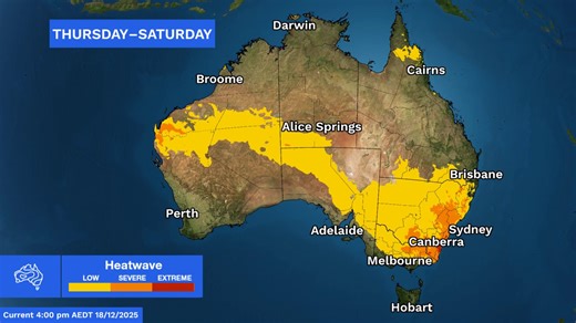 Very hot temperatures continue across much of south-east Australia in the first extended period of summertime heat for the season. Heatwaves are building, with hot days followed by warm nights. Low intensity heatwaves are extending through much of the south-east, with areas of severe intensity heatwaves through northern and eastern Victoria and into south-east New South Wales. Heatwaves will ease through South Australia, Victoria , and Tasmania with the cooler change on the weekend, but will spr