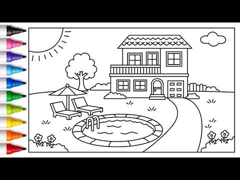 Drawing a Simple House with a Swimming Pool Step by Step