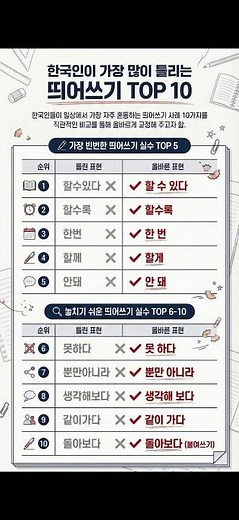 [정보] 한국인 90%가 틀립니다가장 많이 틀리는 띄어쓰기 TOP10#맞춤법 #띄어쓰기 #한국어 #상식 #교육