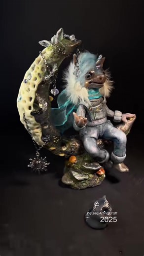 Fantasy Unicorn on the Crescent Moon - OOAK handmade Polymer Clay Creation - Mixed Media - Fimo Professional