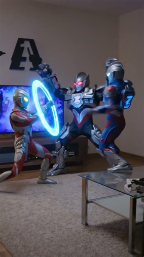 Ultraman Ace and Ultraman Z comes out from tv and fight with evil robot