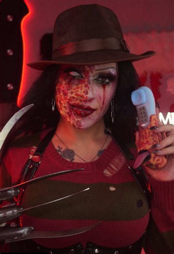 Welcome to prime time b💋tch 🛌🩸#FreddyKrueger I made the phone myself using foam clay and @Makeup A Murder, INC. Pigments!! #freddykrueger #nightmareonelmstreet #halloweenmakeup #makeuptutorial