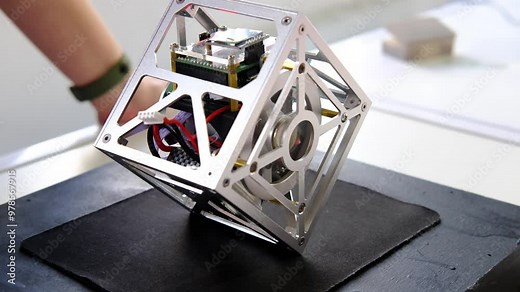 An engineer rotates a unique programmable robotic balance cube on a platform, demonstrating its design and components in slow motion. Stock Video