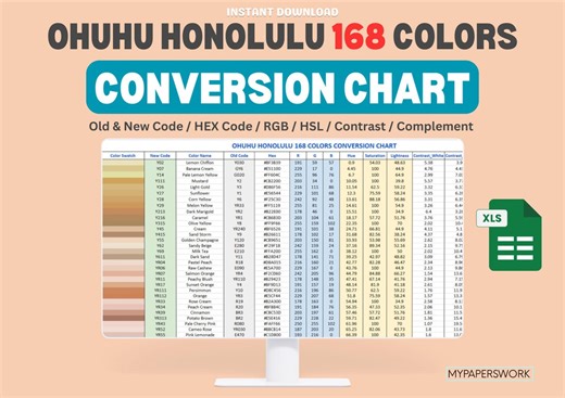 Ohuhu Honolulu 168 Color Conversion Chart (xls) | Old New Codes, Hex, Rgb, Hsl - Etsy