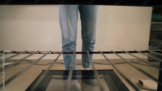 Oven pov of woman sliding tray of fresh fish and sliced potatoes onto rack, prepare healthy homemade baked fish dinner for family.Healthy everyday food