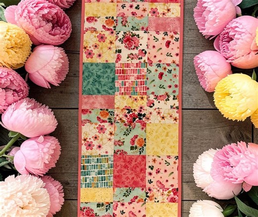 PEONY BLOSSOMS Quilted Table Runner Reversible Patchwork 48"x14", Floral Spring Garden Table Decor, Mixed Pinks Yellow Peonys - Etsy