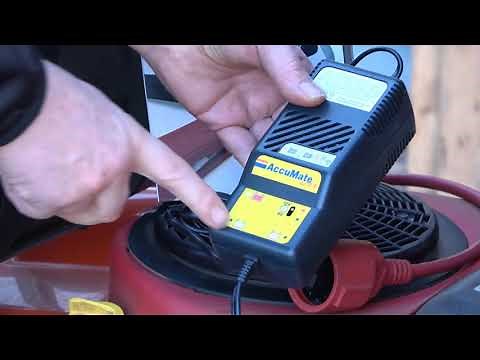 Presentation of various Husqvarna Accu Mate CastelGarden maintenance chargers for lawn tractors