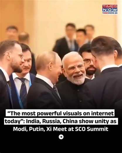Indian Prime Minister Narendra Modi and Russian President Vladimir Putin walk hand-in-hand toward Chinese President Xi Jinping at the 2025 SCO summit in Tianjin. This rare moment symbolizes unity and cooperation among the three leaders amid complex geopolitical tensions and shifting global alliances. #PMModi #SCOSummit #VladimirPutin #XiJinping #ModiInChina | TIMES NOW