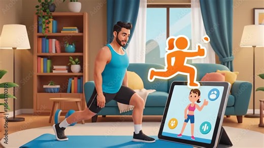 A muscular animated man follows a digital instructor on a tablet, performing dynamic squats and lunges in his brightly lit living room, demonstrating a modern home workout cartoon routine for health.