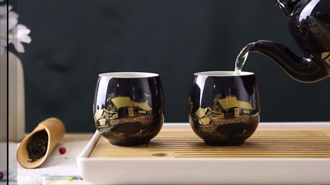 Dujust Japanese Tea Set, Black Porcelain Tea Set with 1 Teapot Set, 6 Tea Cups, 1 Tea Tray, 1 Stainless Infuser, Beautiful Asian Tea Sets for Adults, Tea Lover/Women/Men (Countryside in Golden)