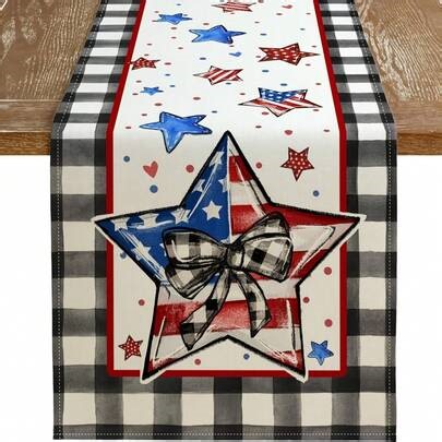 1 pièce Chemin de table à carreaux noirs et blancs style bison, étoiles patriotiques pour le 4 juillet. Convient pour la décoration de table de cuisine et de salle à manger pour les fêtes et les célébrations à la maison | SHEIN