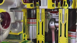 Motion Pistons Parts in Truck Diesel Engine Cross Section Close up