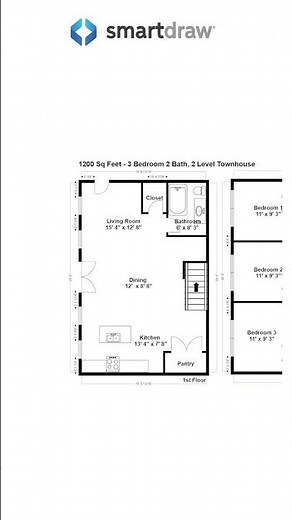 3 Bedroom 2 Bath 2 Story Townhouse Floor Plan #housedesign #houseplan #floorplan #townhouse