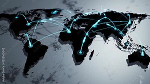 Global network connectivity visualized through animated world map with dynamic data flow