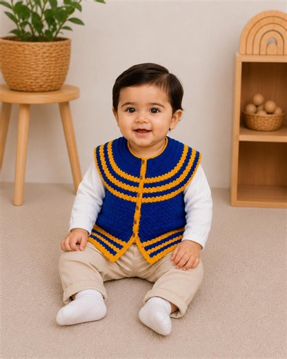 Handmade Multani Crochet Baby Sweater Vest, Blue Yellow Traditional Knit Cardigan - Etsy