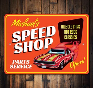 Speed Shop, Personal Speed Shop, Muscle Car Decor, Hot Rod Lovers, Hot Rod Decor, Car Shop Decor, Car Repair Garages - Metal Car Signs - Etsy