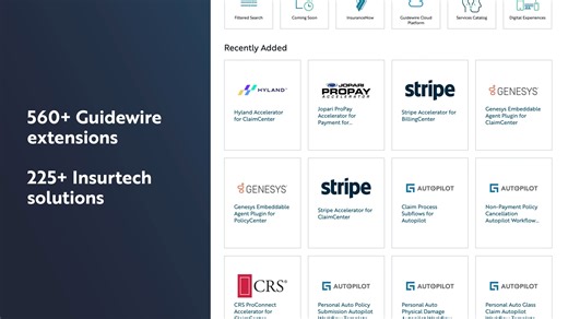 Guidewire Marketplace: The P&C industry’s hub for innovation. 🔵 500 Extensions: The largest library of P&C solutions, growing daily 🔵 Up to 80% Faster Time-to-Market: Significant time and cost savings vs. self-built solutions 🔵 100% Validated: Every extension is tested by Guidewire for security, compliance, and compatibility Explore trusted, ready-to-deploy extensions to reduce development costs, accelerate time-to-market, and unlock value across the entire insurance lifecycle. | Guidewire So