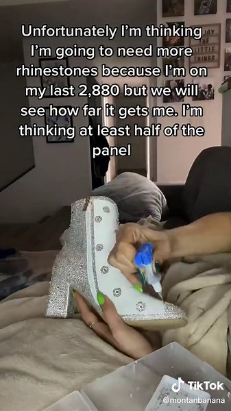 Im back from vacation and im back at it with the boots. I am sooooooooo close to being done 😭🥹✨#bedazzle #weddingshoes #diy #rhinestones #sparkle #fypシ #imbackkk