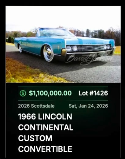 Barrett-Jackson update …. ‘66 Lincoln Continental custom convertible… 1 MILLION hammer … 1.1m w/ fee. New record for 1961-1969 Lincoln Continental. ℹ️: #BarrettJackson 🎥: thanks to my brotha Tom Bennett @linc65 🚀: #LincolnContinental #LincolnAddict #RestoMod #ClassicCar | Lincoln Addict