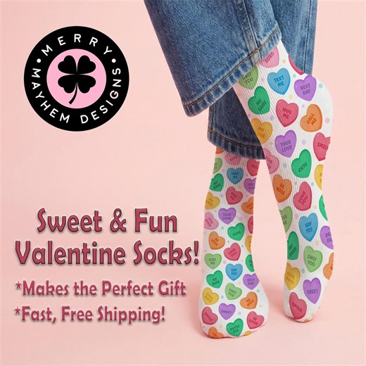 Conversation Heart Crew Socks – Sweet Valentine Candy Pattern, Cute Gift Idea, Colorful Everyday Socks - Etsy