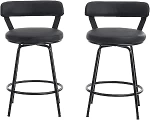 Home Ashley Swivel Bar Stools Set of 2, 24" Counter Height Barstools with Metal Legs, Faux Leather Seat Cushion, Adjustable Foot, 360° Rotation for Home Kitchen Island, Black
