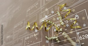 On start flat golden ribbon curling while metallic cubes lifting as panels drawing data for reports
