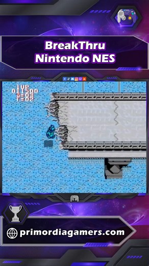 🚗💥 BreakThru – NES (1987) Shooter de desplazamiento lateral desarrollado por Data East, donde pilotas un vehículo blindado que debe atravesar territorio enemigo para rescatar científicos secuestrados. Tu auto puede saltar, acelerar y disparar, enfrentando tanques, helicópteros y obstáculos destructibles en cinco niveles intensos. Destaca por su ritmo frenético, mecánica de “romper barreras” y dificultad elevada, aunque su duración es corta incluso para estándares de NES. Basado en el arcade or