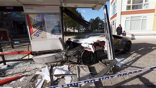 Video shows wrecked bus stop after Lamborghini crash