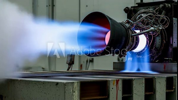 Detailed view of engine nozzle glowing redhot as cryogenic rocket engine conducts a powerful test firing on a reinforced test stand.