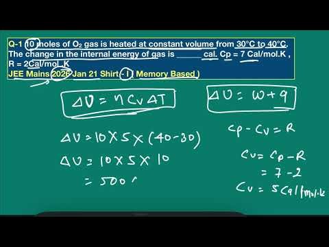 10 moles of O2 gas is heated at constant volume from 30 to 40°C.The change in the Δ U of gas is