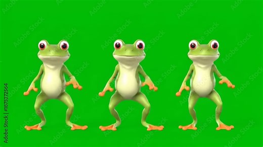 Three animated cartoon frogs in a lively dance pose on a vibrant green screen, perfect for fun and whimsical video compositing projects for various media