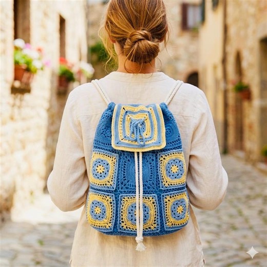 Crochet Granny Square Backpack, Boho Blue and Yellow Summer Bag, Handmade Cotton Rucksack for Women, Hippie Style Festival Bag, Gift for Her - Etsy