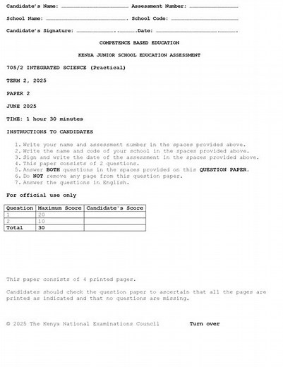 Grade 7 Integrated Science Paper 2 Mid Term 2 Exam 2025 with Marking Scheme