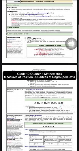 Mathematics 10 Made EASY for Classroom Observation and DepEd Ranking! Topic: Measures of Position - Quartiles of Ungrouped Data Bestseller Daily Lesson Plan: 📍Perfect for college final demo 📍Strong for DepEd ranking 📍Tested in classroom observation 📍Complete Indicators and Annotations 📍Research-based analysis 📍PPST & DepEd-aligned 📍Evidence-based annotations (pang-ranking at pang-classroom observation talaga!) I don’t offer PPT because I prioritize indicators, content analysis, alignment,