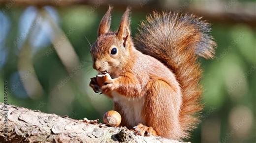 Red squirrel eating a hazelnut on a tree branch. Close-up of a squirrel foraging in the forest. Wildlife feeding behavior