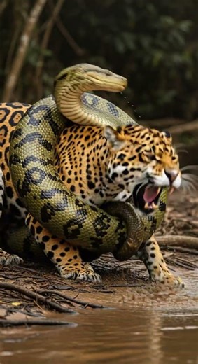 Jungle's Fierce Embrace: Jaguar vs Anaconda! Epic showdown in wild habitat