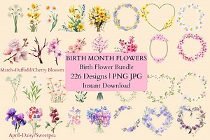 226 Pcs Birth Month Flower Illustrations | Floral PNG JPG Bundle | Instant Download - Etsy