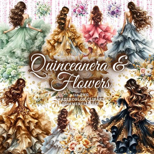 Quinceanera & Flowers 116 Watercolor Clip Arts Princess Dress Quinceanera Dress Quince Años DIY Invitation Quinceanera Celebration Ball Prom - Etsy