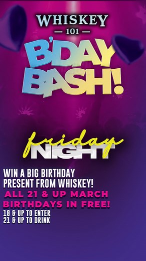 🎈 BIRTHDAY BASH ALERT! 🎈 It’s time to party March birthday babies! If your birthday is in March, this Friday night is YOUR night at Whiskey 101! 🎟️ 21 March birthdays get in FREE! 🎉 Reserve your party for an unforgettable night on the biggest dance floor in Fayetteville! 🎁 And don’t forget – all birthday guests are entered for a shot at a BIG prize! 🍹 Doors open at 8 PM, so grab your crew and get ready to dance the night away. 📲 Reserve now by calling or sending us a DM! #CelebrateYourWay