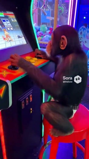 Chimp playing video games at the arcade #chimp #animals #cute #videogames #arcade #funny