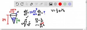 SOLVED: A conical water tank with vertex down has a radius of 10 ft at the top and is 24 ft high. If water flows into the tank at a rate of 20 ft^3 / min, how fast is the depth of the water increasing when the water is 16 ft deep? | Numerade