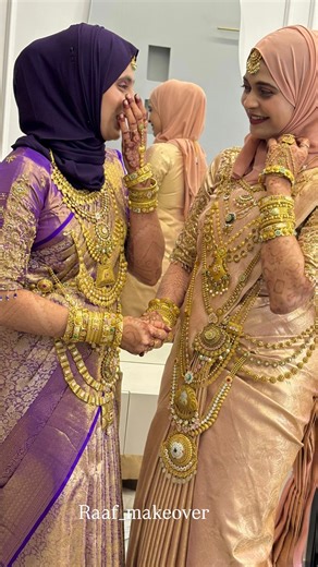 Bridal makeover and hairstyling, party makeover on Instagram: "Beautiful brides @fathimanura._ @_ayshmohd_ in reception look❤️ 💄 @raaf_makeover 💍 @city_gold @malabargoldanddiamonds"