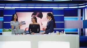 TV Infomercial Program: Female Host, Makeup Artist uses Eyeshadow Palette on Beautiful Model, Present Products, Cosmetics. Playback Television Commercial Advertisement Cable Channel. Static Wide Shot