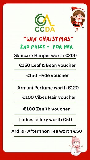 1.5K views · 3 comments | CCDA “WIN CHRISTMAS” DRAW. Our second prize - Christmas for her. Watch our short video to see the list of prizes in this prize bundle. Tickets can be bought on www.idonate.ie/raffle/CCDAWINCHRISTMAS our sponsors have been so giving this year, thank you for your amazing generosity! | CCDA | Facebook