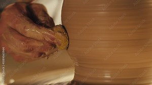 Woman potter works with clay on master class in studio. Working process in ceramic workshop. Potter making vase on pottery wheel. Handmade concept.