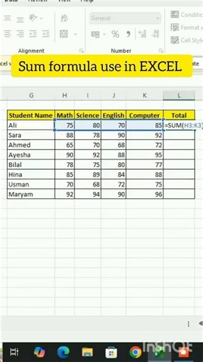How to use SUM formula in Excel #ExcelShorts #SUMFormula #ExcelForStudents #SchoolMarks #DSClass