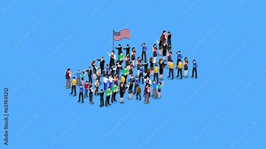 Large group of people in form of America map cartoon animation in 4K UHD 3840x2160