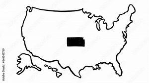 Scribble hand written map of America and Kansas state in isolated stop motion in black color on white background. Outline of the USA territory and one of its districts. Template for educational banner