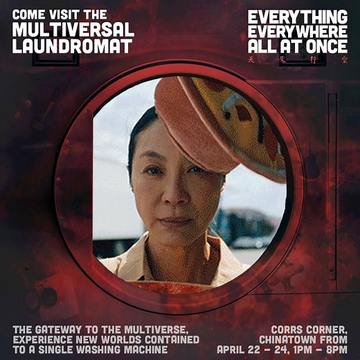 Explore the Multiverse with an immersive Laundromat inspired by the hilarious sci-fi action adventure #EverythingEverywhere All At Once. Come and visit our pop-up Laundromat, which will serve as the gateway to the multiverse next weekend (April 22 - 24) in Chinatown, Melbourne. | Roadshow