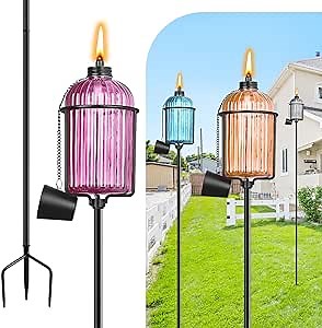 4 Pack Glass Garden Torch, 13.5 oz Colorful Outdoor Torch Garden Décor, 61-Inch Upgraded Citronella Torches with 3-Prong Grounded Stake, Metal Light Torches for Party Patio Pathway